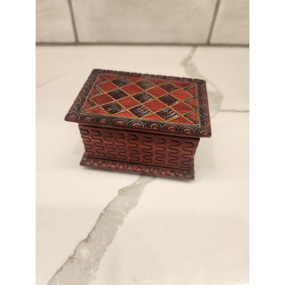 Vintage Wooden Hand Carved Polish Trinket Jewelry Storage Box Made In Poland
